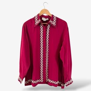 Vintage 90s Diane von Furstenberg Silk Button Up Blouse Size M Asian Embroidered